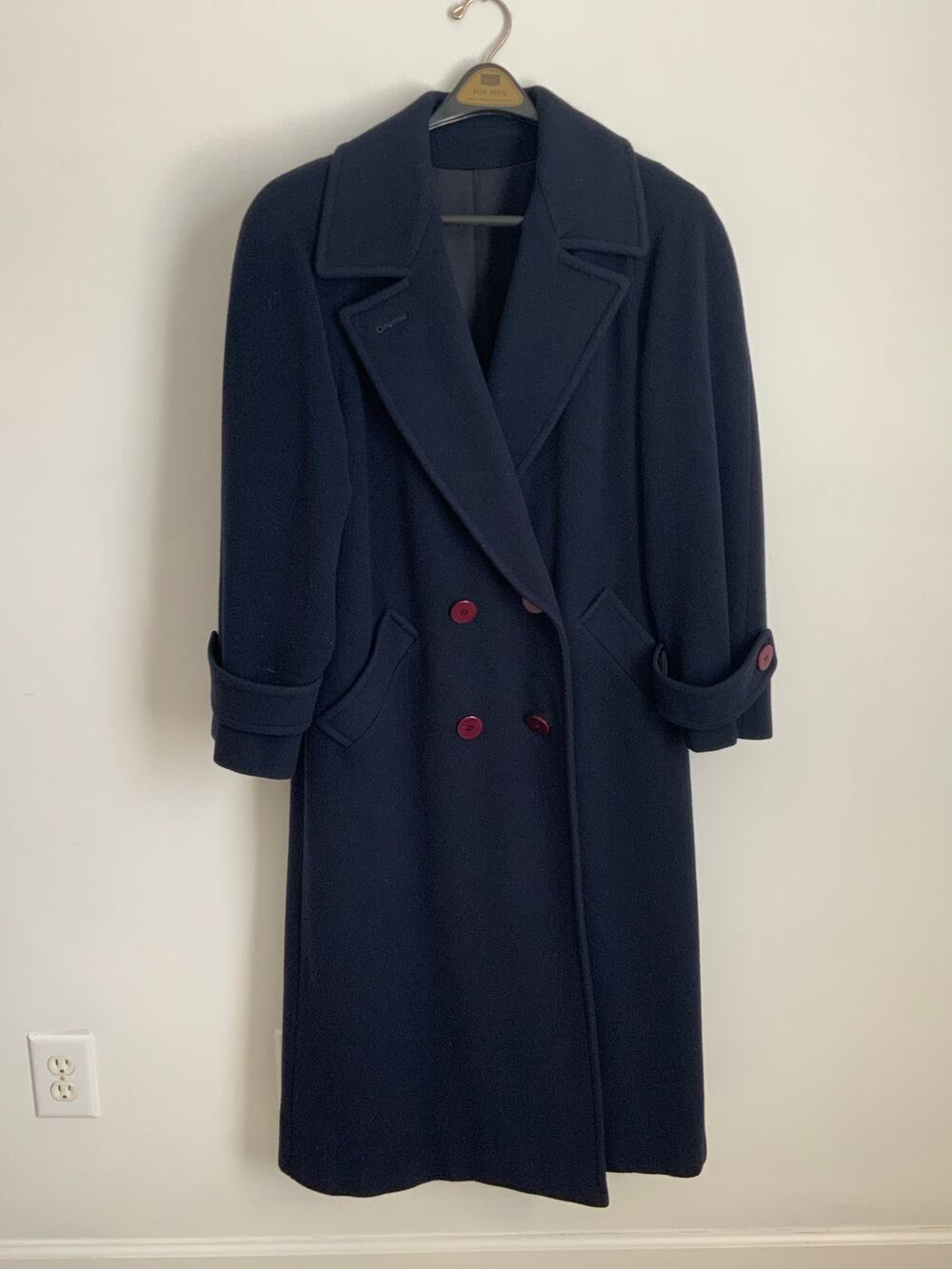 Vintage Regency Cashmere Navy Blue Long Maxi Coat Double Breasted Pink Button